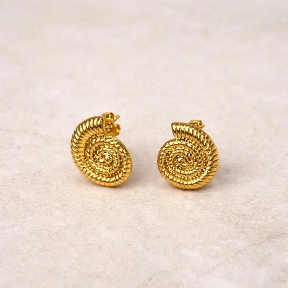 BazarVault® Spiral Shell Earrings – Gold Stainless Steel, Textured Nautilus Design