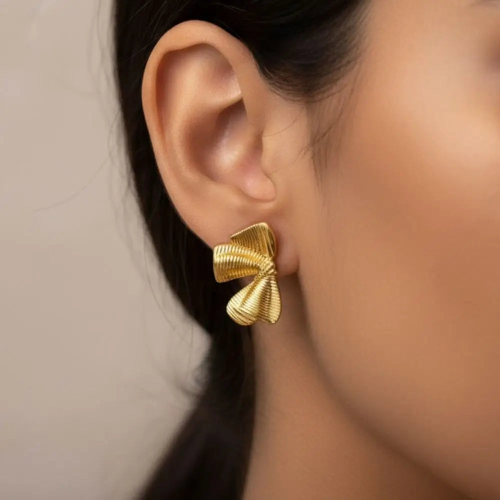 BazarVault® Bow Stud Earrings – Gold Stainless Steel, Textured Ribbon Design