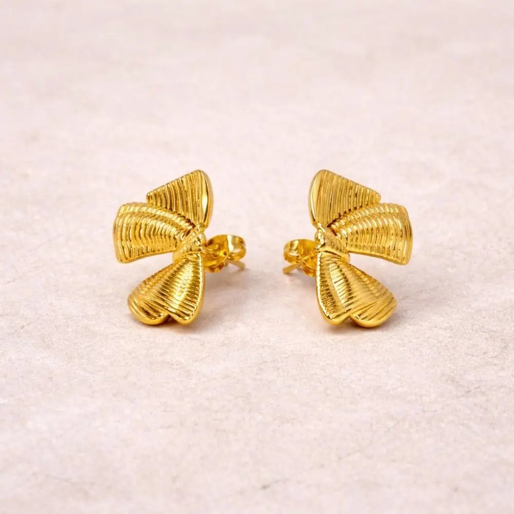 BazarVault® Bow Stud Earrings – Gold Stainless Steel, Textured Ribbon Design