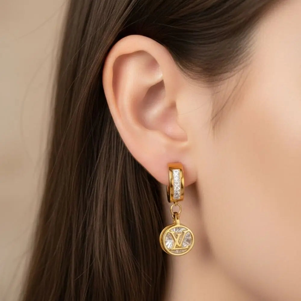 BazarVault® LV D Bali Earrings – Gold Stainless Steel with Crystal Hoops & Logo Charm