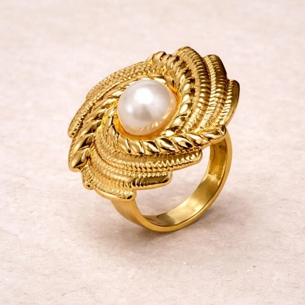 BazarVault® Adjustable Pearl Feather Ring – Gold Stainless Steel, Sculpted Leaf Design