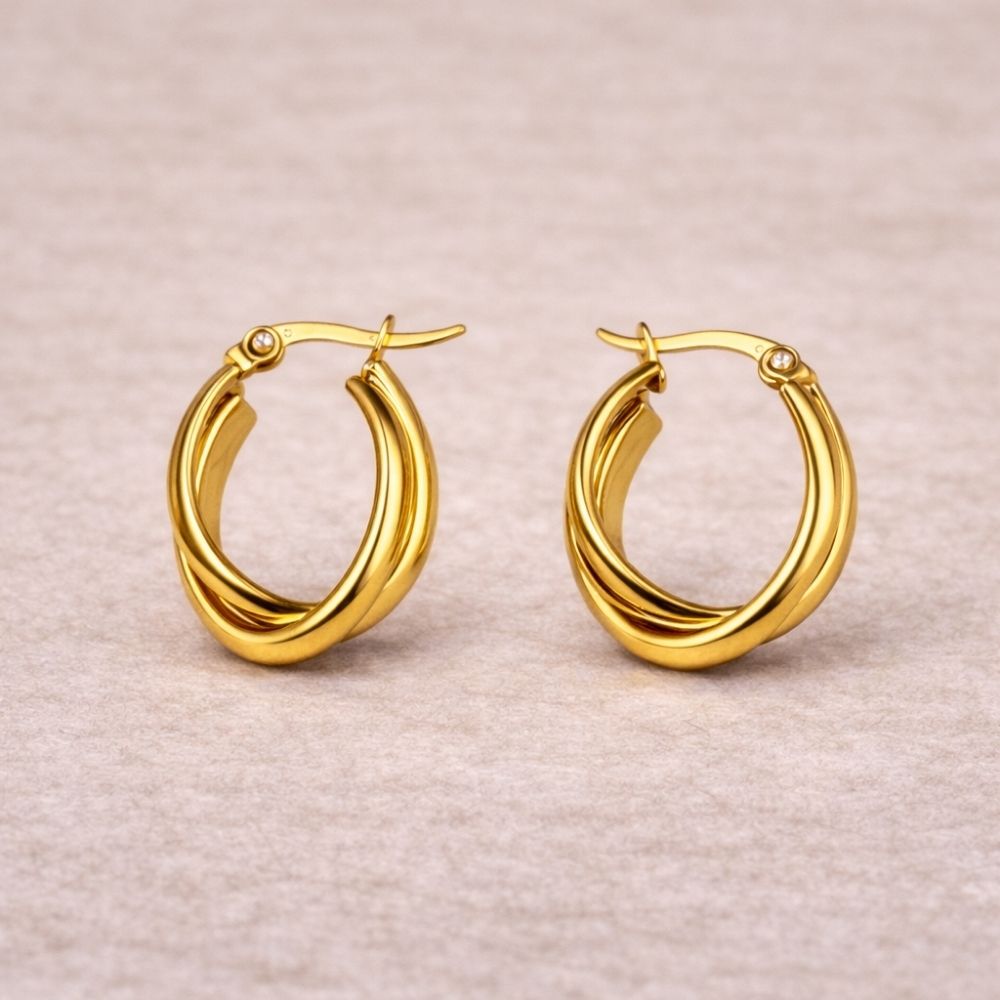 BazarVault® Triple Band Hoop Earrings – Gold Stainless Steel, Layered Luxe Design
