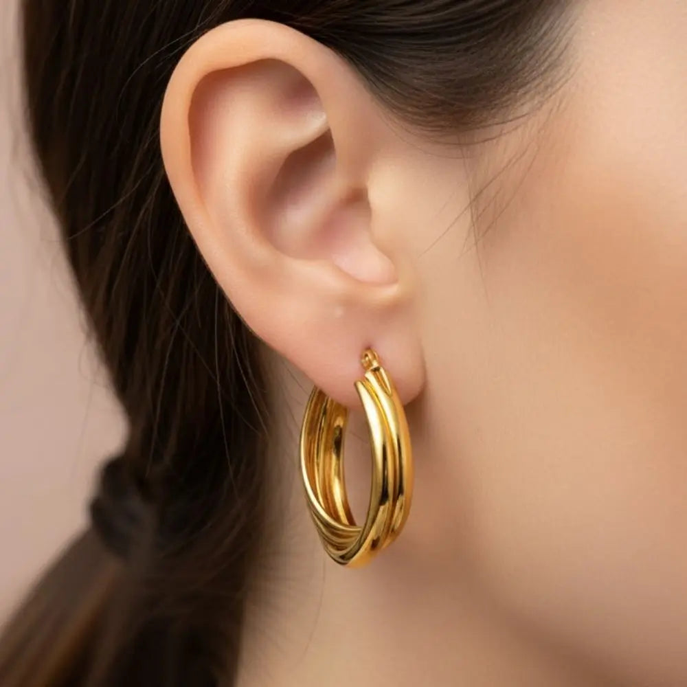 BazarVault® Long Twisted Hoop Earrings – Gold Stainless Steel, Triple Loop Design