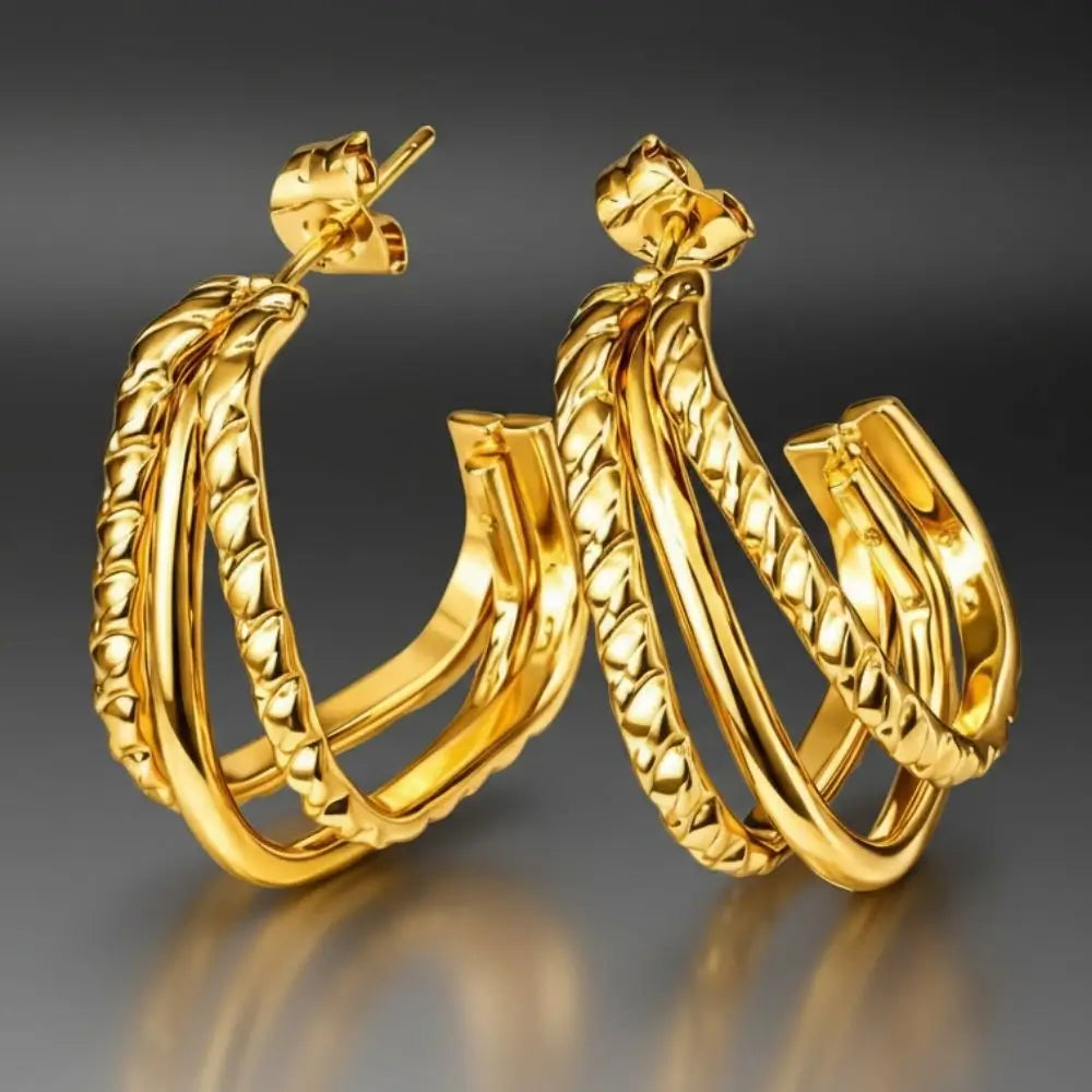 BazarVault® Textured Gold Hoop Earrings – Multi-Band Stainless Steel, Leaf-Inspired Design
