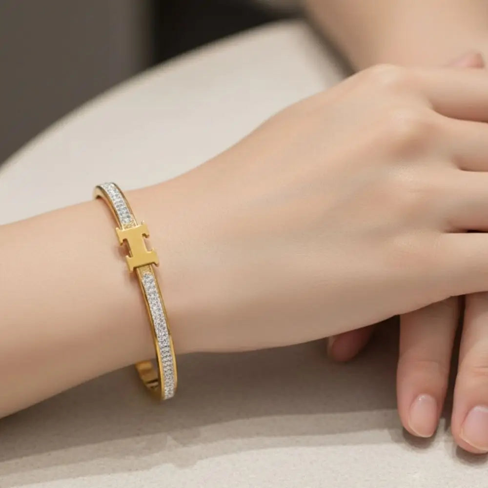 BazarVault® Signature H Bracelet – Gold Stainless Steel with Sparkling Stone Band