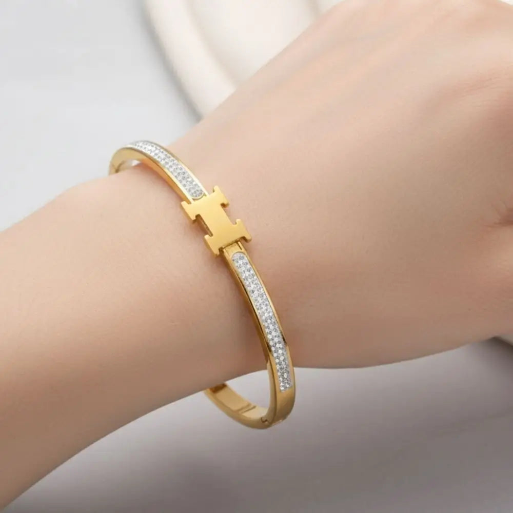 BazarVault® Signature H Bracelet – Gold Stainless Steel with Sparkling Stone Band