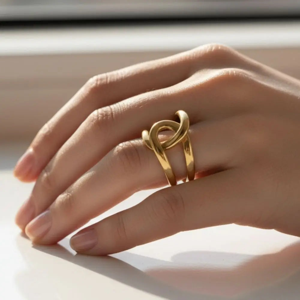 BazarVault® Gold Stainless Steel Knot Ring – Adjustable Sculptural Infinity Design