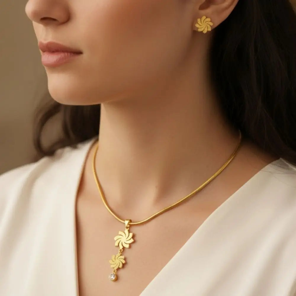 BazarVault® Gold Stainless Steel Jewelry Set – Spiral Floral Necklace & Matching Earrings