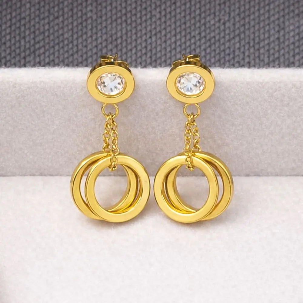 BazarVault® Gold Stainless Steel Multi-Ring Dangle Earrings – Crystal Stud & Chain Drop Design