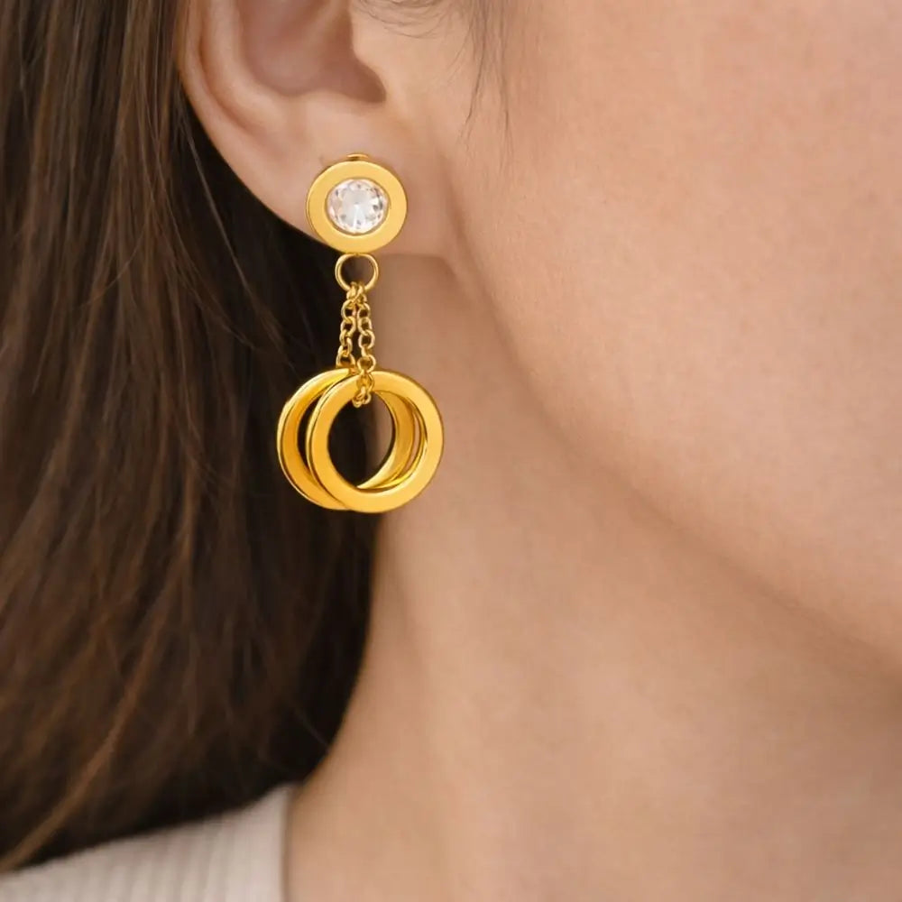 BazarVault® Gold Stainless Steel Multi-Ring Dangle Earrings – Crystal Stud & Chain Drop Design