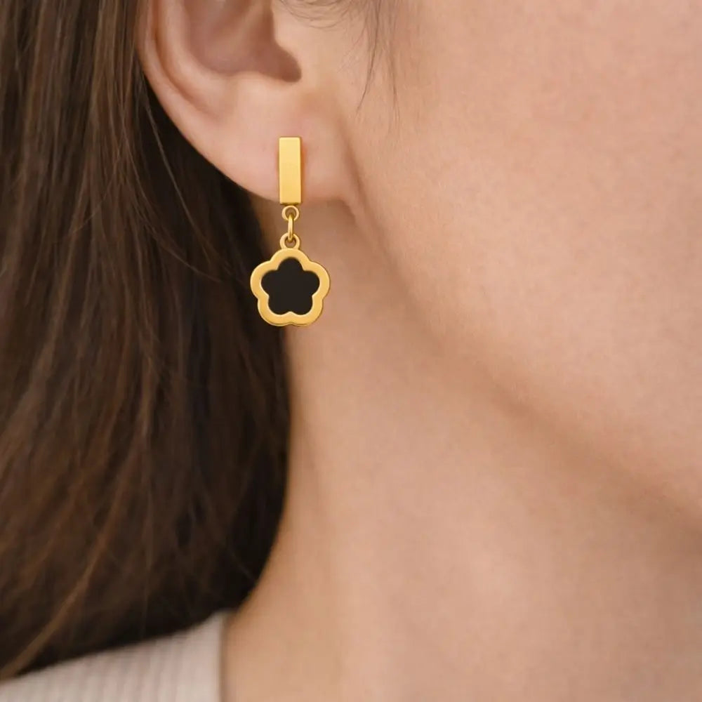 BazarVault® 3-Pair Gold & Black Stainless Steel Earrings Set – Floral Studs, Ball Studs & Clover Dangles