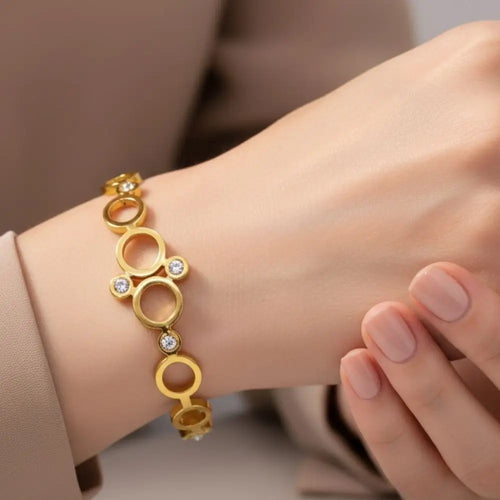 BazarVault® Adjustable Stainless Steel Gold Bracelet – Luxury Circle Crystal Design for Women