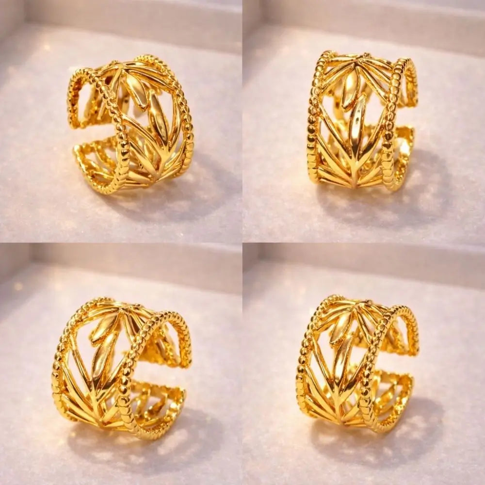 BazarVault® Adjustable Gold Stainless Steel Leaf Cuff Ring – Luxury Open Band for Women