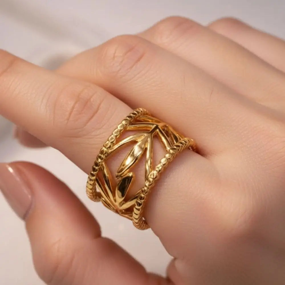 BazarVault® Adjustable Gold Stainless Steel Leaf Cuff Ring – Luxury Open Band for Women