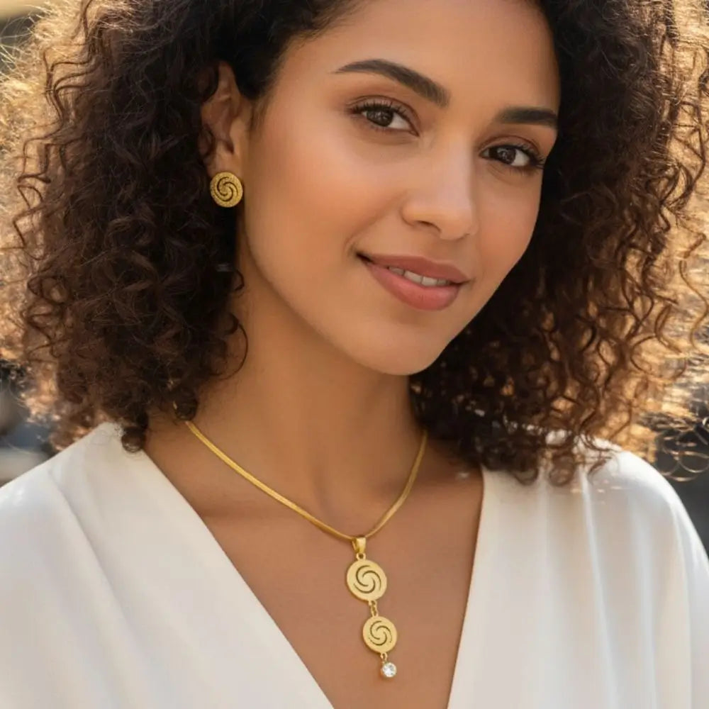 BazarVault® Gold-Plated Stainless Steel Jewelry Set – Spiral Pendant & Matching Earrings