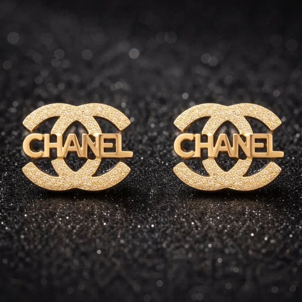 BazarVault® Chanel-Inspired Gold Crystal Stud Earrings – Luxury Stainless Steel Fashion Jewelry