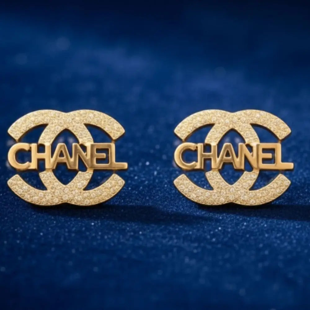 BazarVault® Chanel-Inspired Gold Crystal Stud Earrings – Luxury Stainless Steel Fashion Jewelry