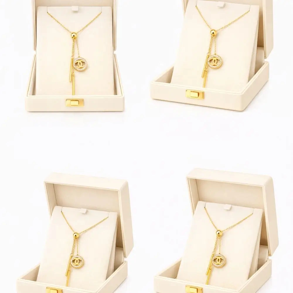 BazarVault® Gold Triple Pendant Necklace – Stainless Steel, Chanel-Inspired Crystal Charm