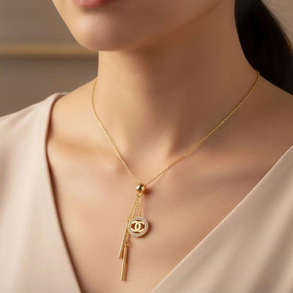 BazarVault® Gold Triple Pendant Necklace – Stainless Steel, Chanel-Inspired Crystal Charm