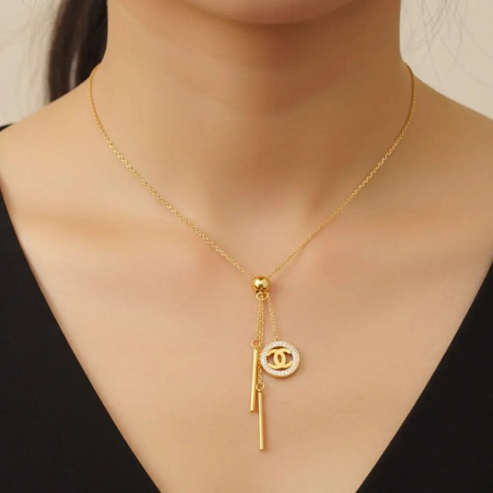 BazarVault® Gold Triple Pendant Necklace – Stainless Steel, Chanel-Inspired Crystal Charm