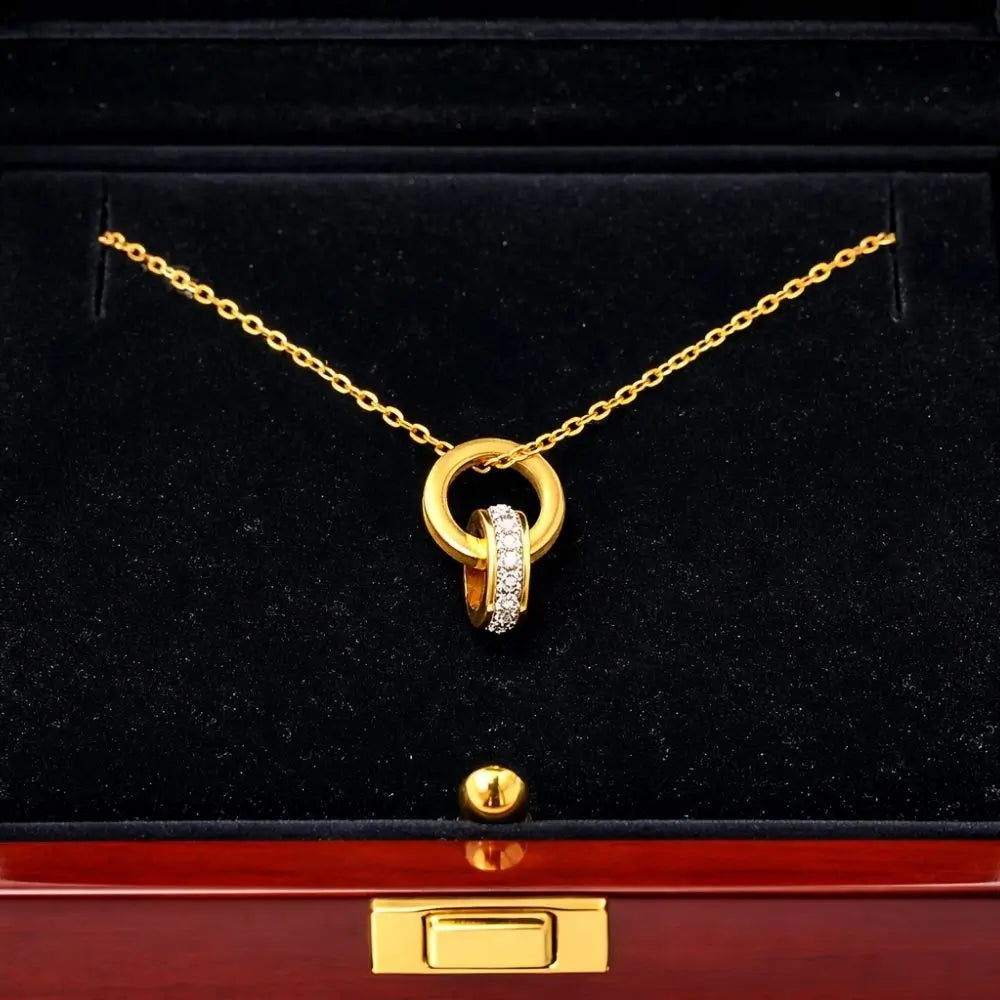 BazarVault® Interlocking Ring Necklace – Gold Stainless Steel with Crystal Accent