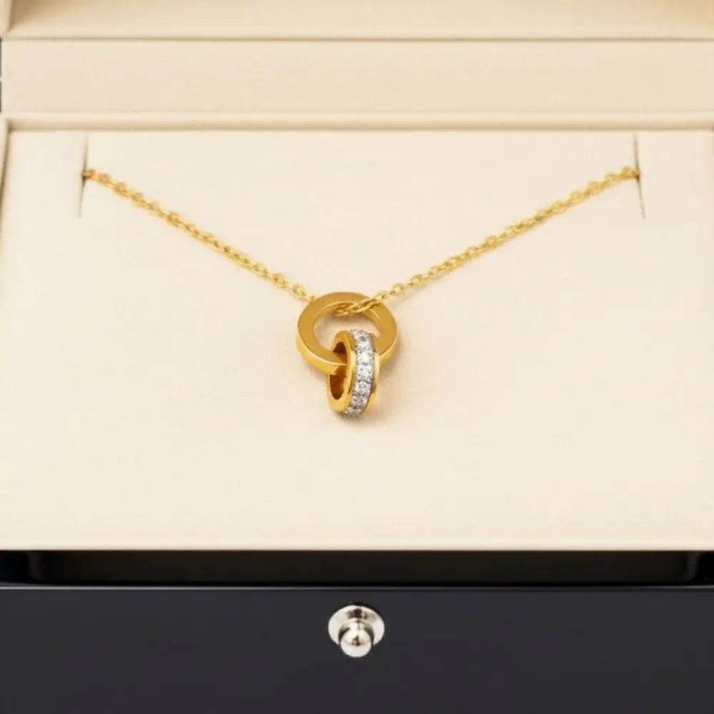BazarVault® Interlocking Ring Necklace – Gold Stainless Steel with Crystal Accent