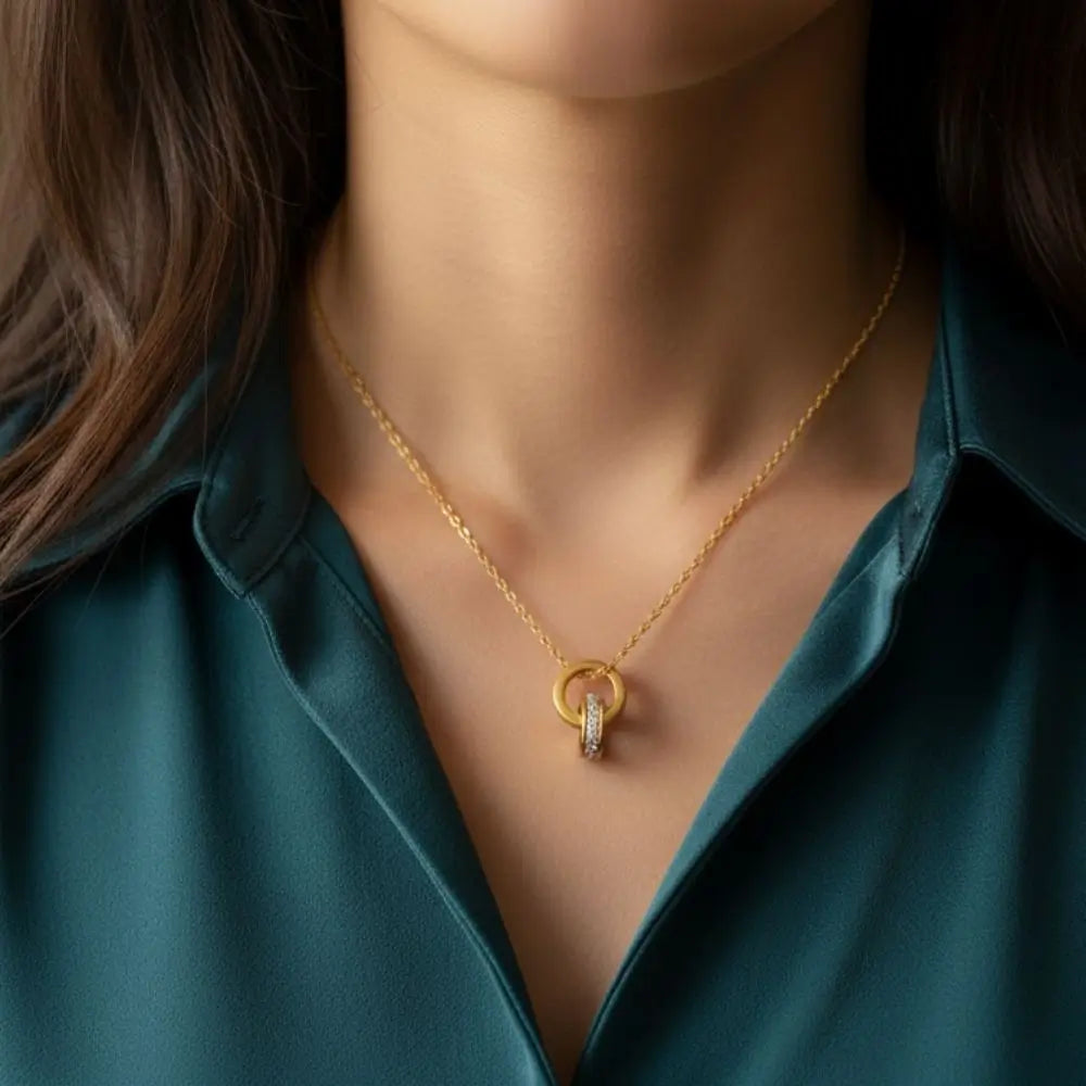 BazarVault® Interlocking Ring Necklace – Gold Stainless Steel with Crystal Accent