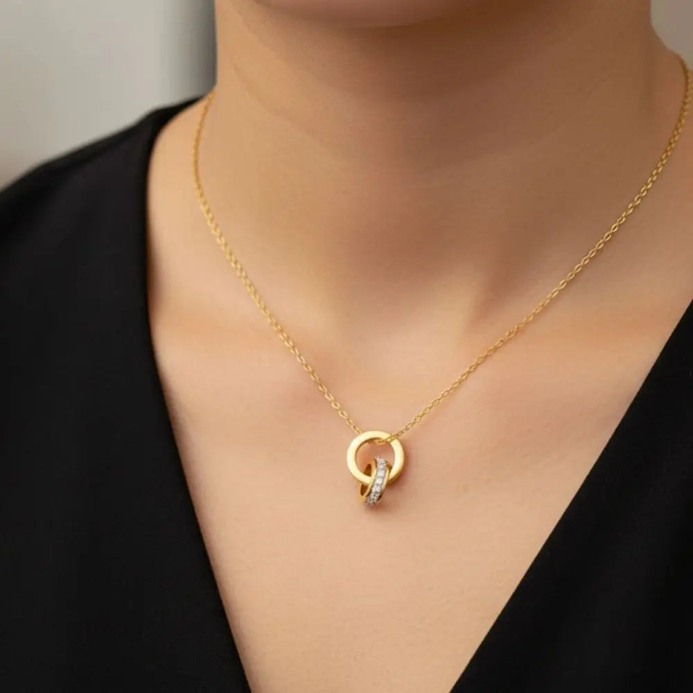BazarVault® Interlocking Ring Necklace – Gold Stainless Steel with Crystal Accent