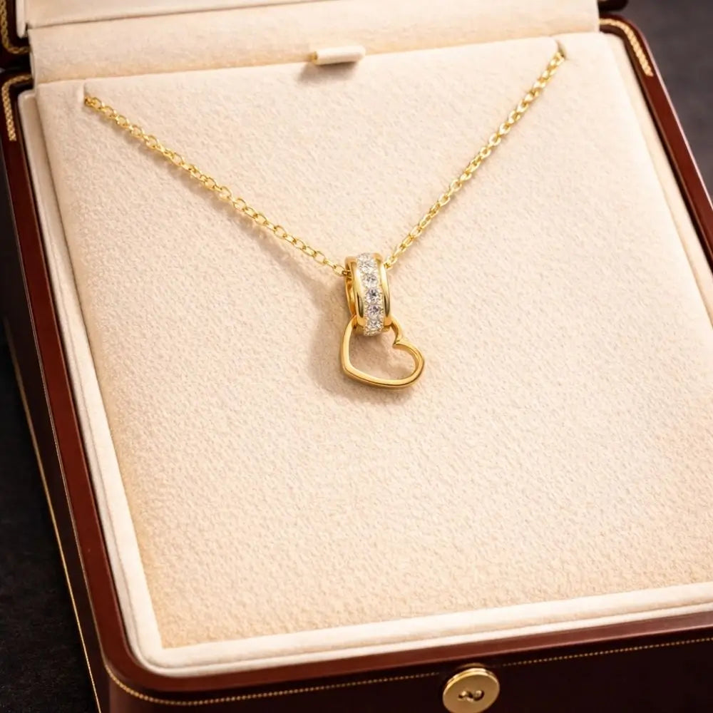 BazarVault® Heart Pendant Necklace – Gold Stainless Steel with Crystal Loop Accent