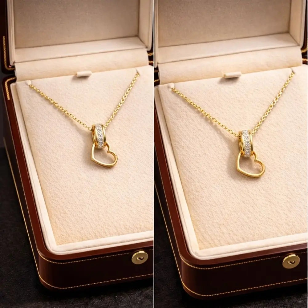 BazarVault® Heart Pendant Necklace – Gold Stainless Steel with Crystal Loop Accent
