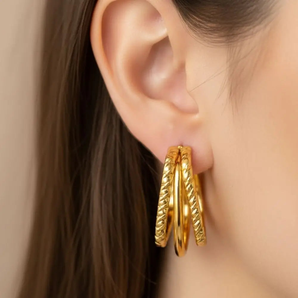 BazarVault® Textured Gold Hoop Earrings – Multi-Band Stainless Steel, Leaf-Inspired Design
