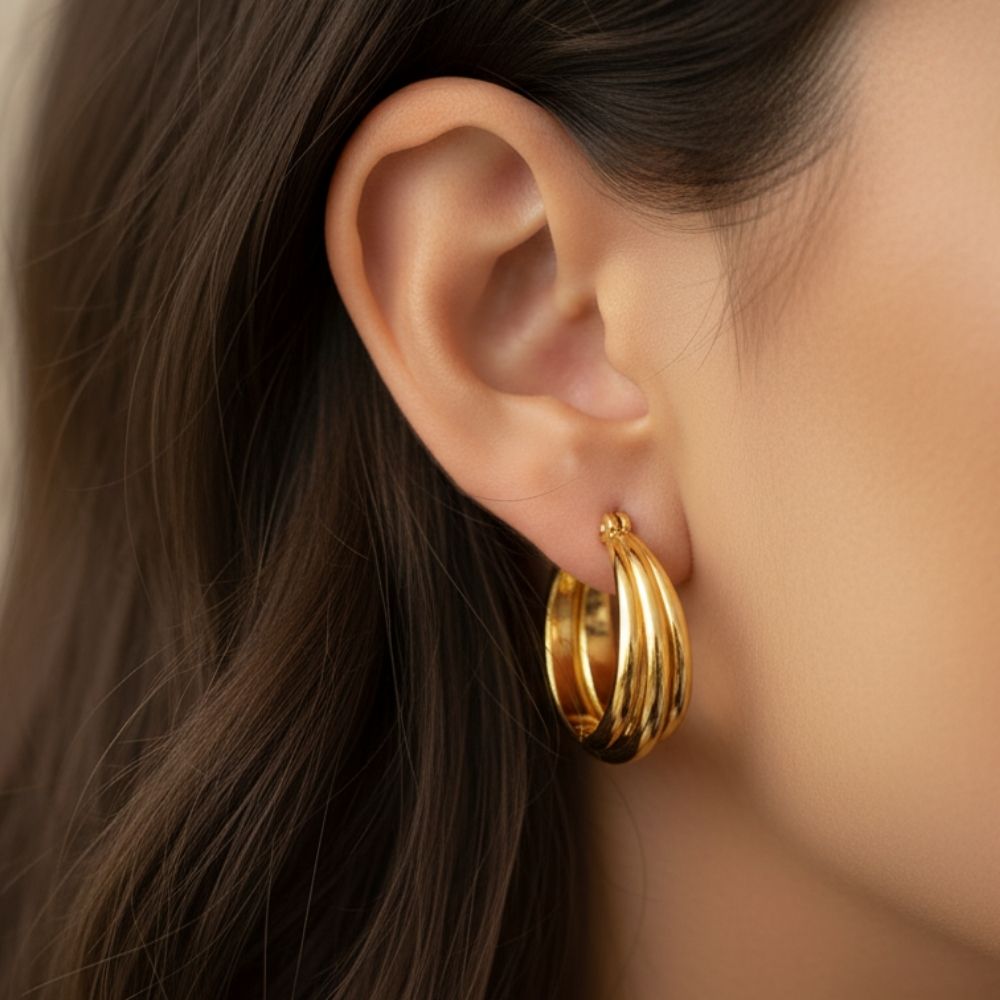 BazarVault® Triple Band Hoop Earrings – Gold Stainless Steel, Layered Luxe Design