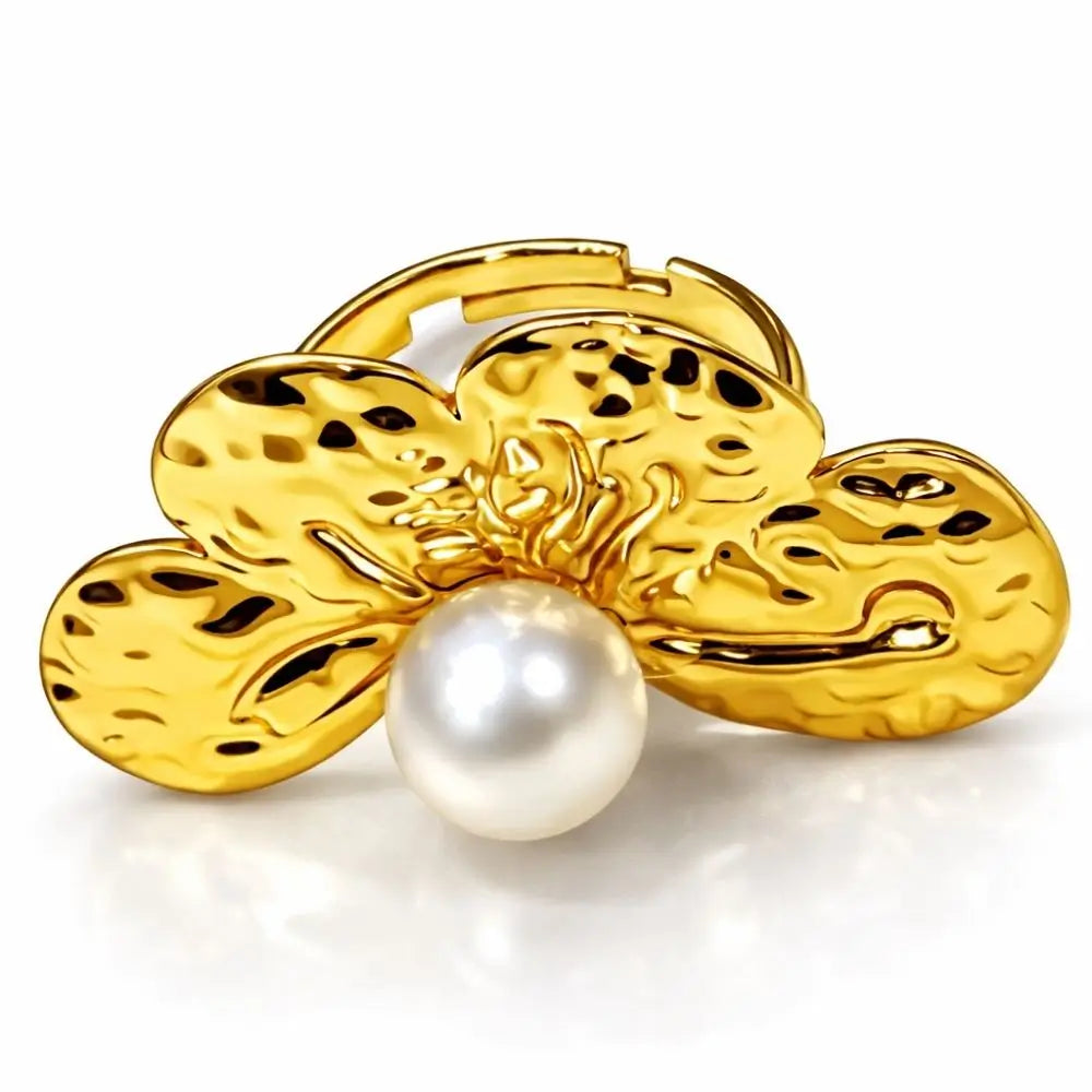 BazarVault® Gold Floral Brooch – Hammered Petals with White Pearl Center