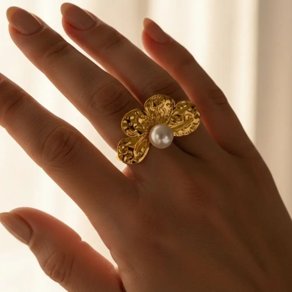 BazarVault® Gold Floral Brooch – Hammered Petals with White Pearl Center