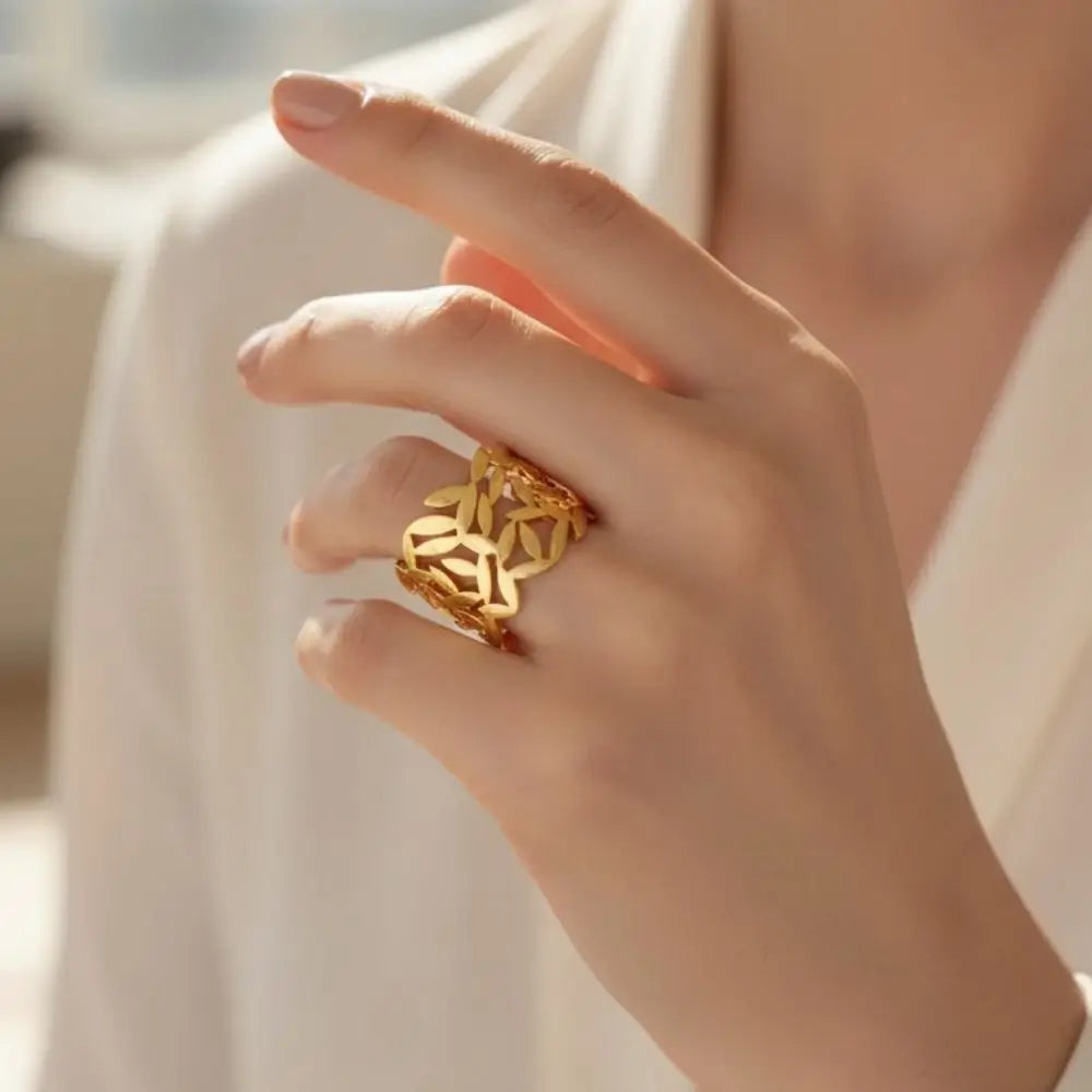 BazarVault® Leaf Lace Ring – Gold Stainless Steel, Openwork Nature-Inspired Design