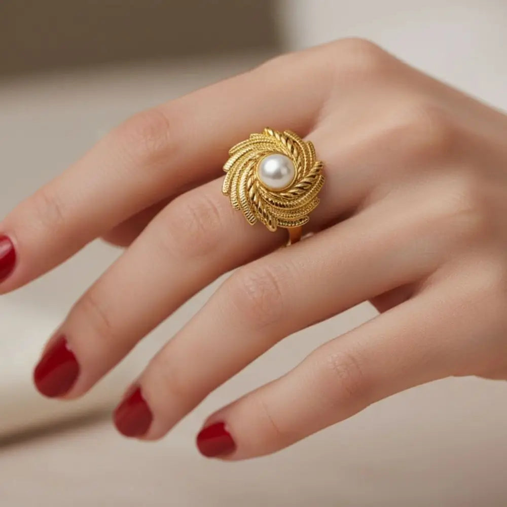 BazarVault® Adjustable Pearl Feather Ring – Gold Stainless Steel, Sculpted Leaf Design