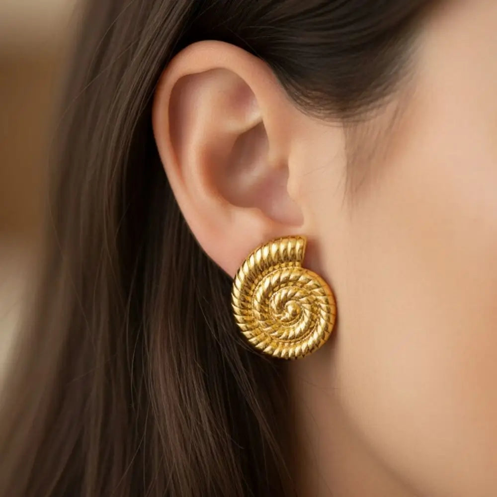 BazarVault® Spiral Shell Earrings – Gold Stainless Steel, Textured Nautilus Design