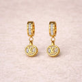 BazarVault® LV D Bali Earrings – Gold Stainless Steel with Crystal Hoops & Logo Charm