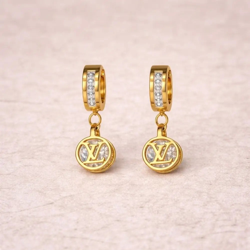 BazarVault® LV D Bali Earrings – Gold Stainless Steel with Crystal Hoops & Logo Charm