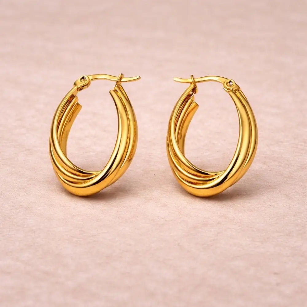 BazarVault® Long Twisted Hoop Earrings – Gold Stainless Steel, Triple Loop Design
