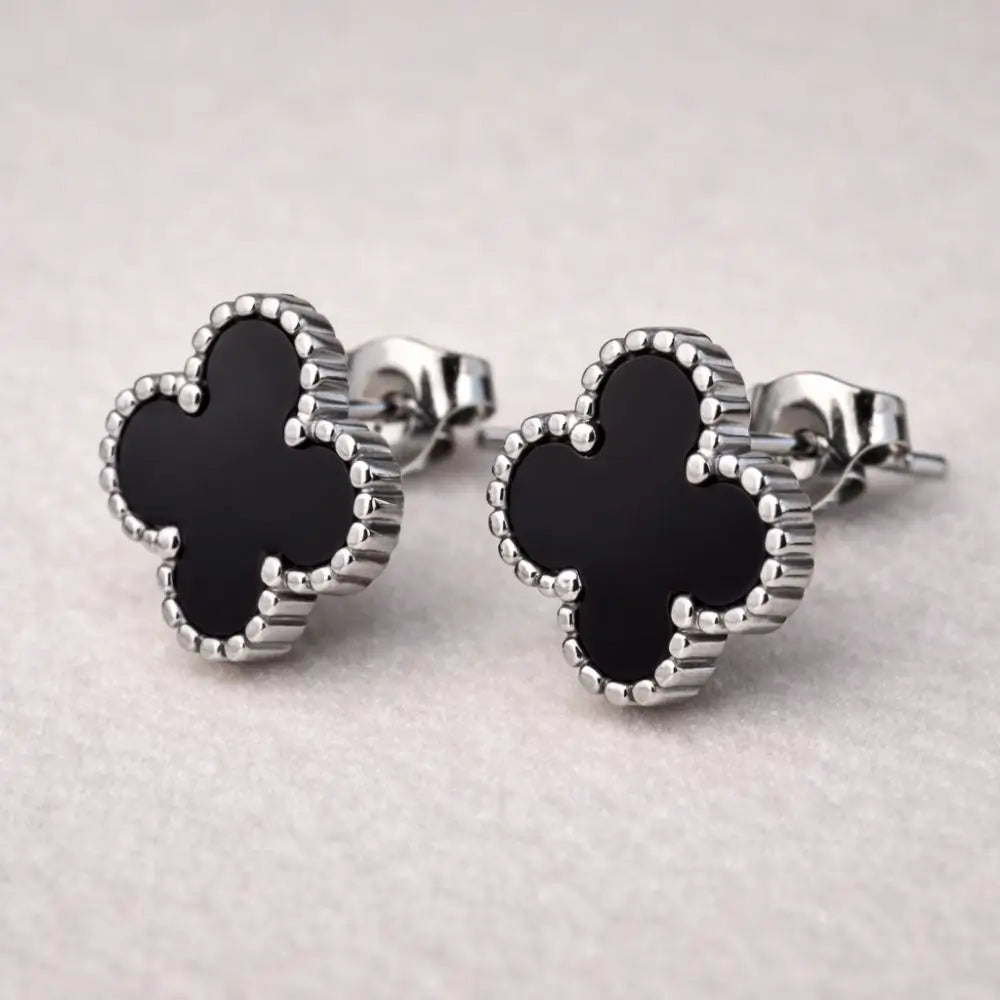 BazarVault® Clover Stud Earrings – Black Enamel & Silver Beaded Border