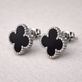 BazarVault® Clover Stud Earrings – Black Enamel & Silver Beaded Border