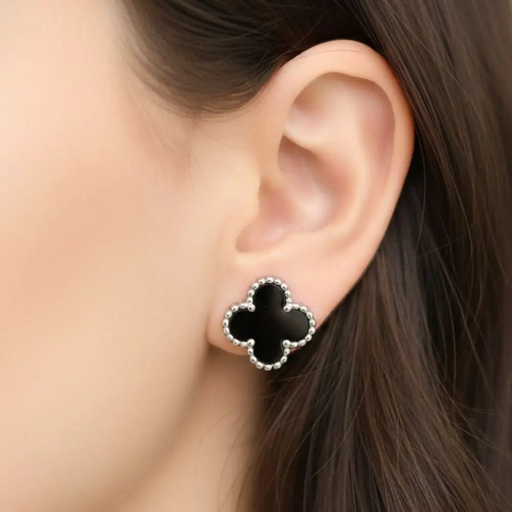 BazarVault® Clover Stud Earrings – Black Enamel & Silver Beaded Border