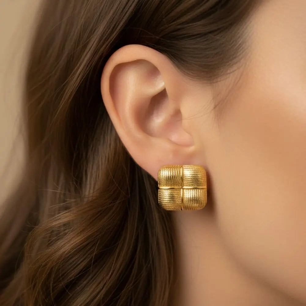 BazarVault® Leaf Weave Stud Earrings – Gold Stainless Steel, Textured Elongated Design