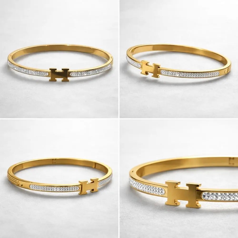 BazarVault® Signature H Bracelet – Gold Stainless Steel with Sparkling Stone Band