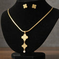 BazarVault® Clover Charm Jewelry Set – Gold Necklace & Earrings with Textured Finish