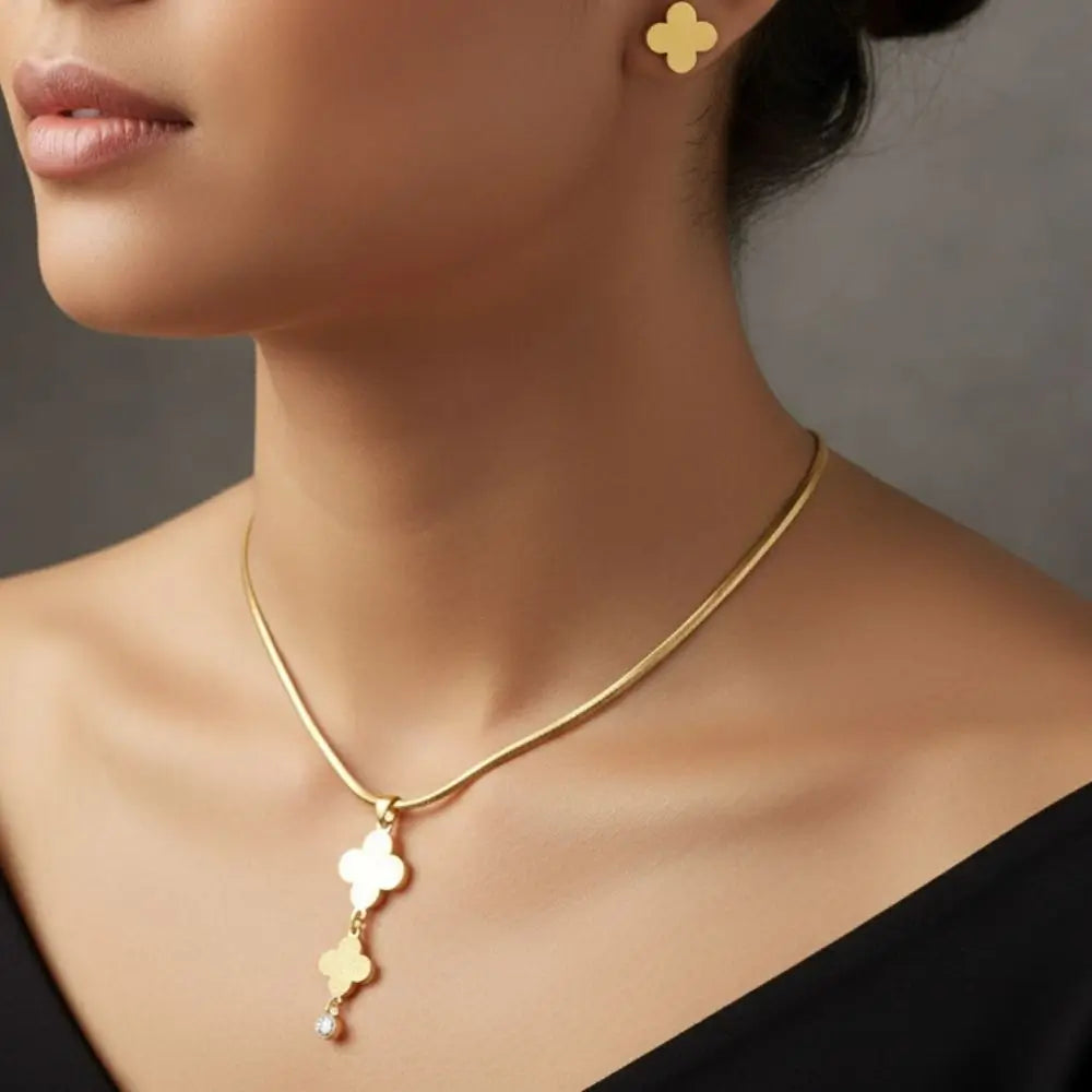 BazarVault® Clover Charm Jewelry Set – Gold Necklace & Earrings with Textured Finish