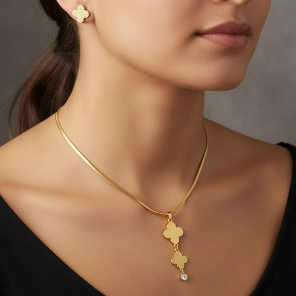 BazarVault® Clover Charm Jewelry Set – Gold Necklace & Earrings with Textured Finish