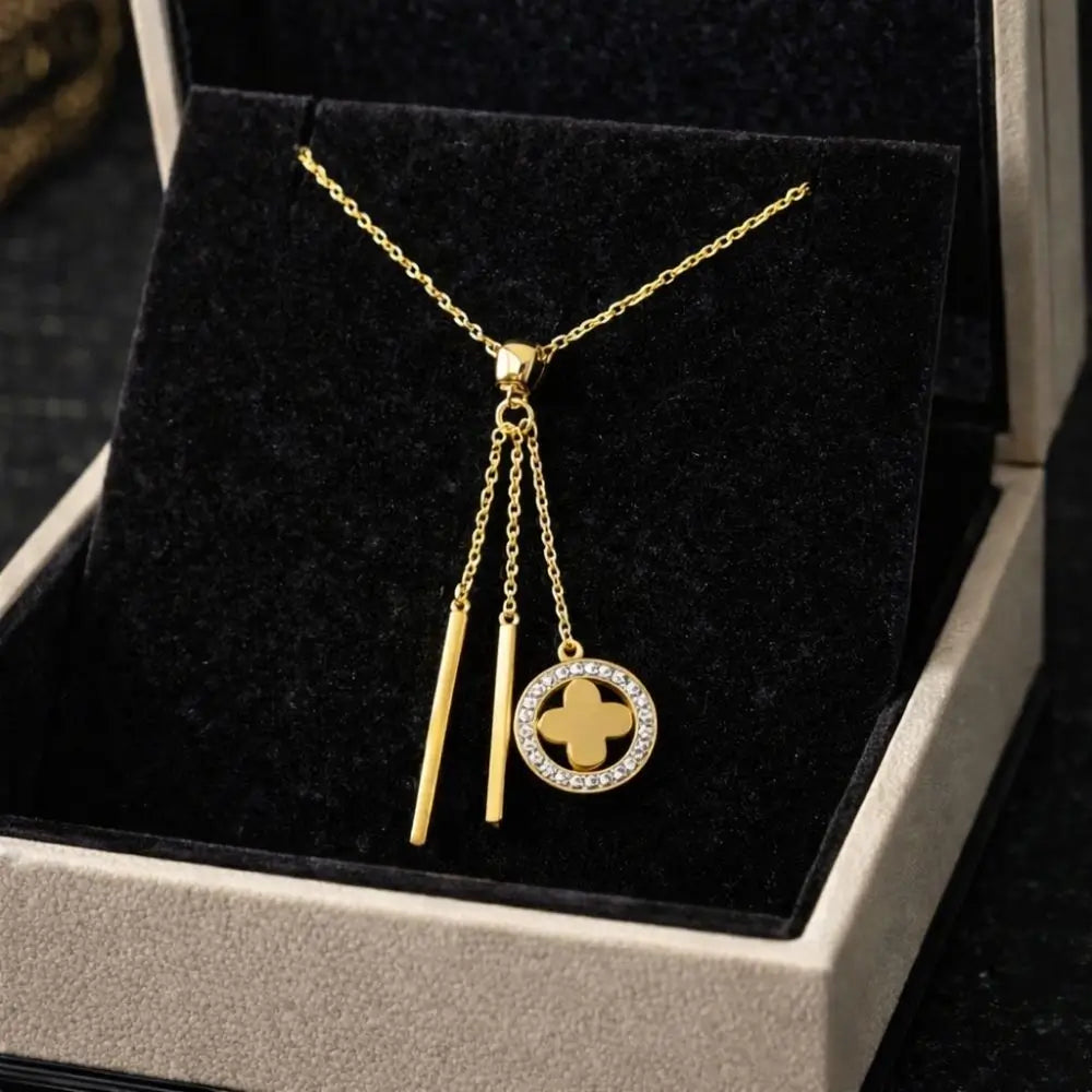 BazarVault® Gold Triple Charm Necklace – Stainless Steel, Vertical Bars & Star Cutout Pendant