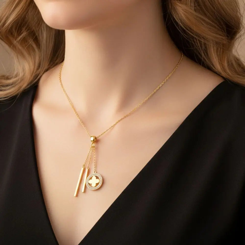 BazarVault® Gold Triple Charm Necklace – Stainless Steel, Vertical Bars & Star Cutout Pendant